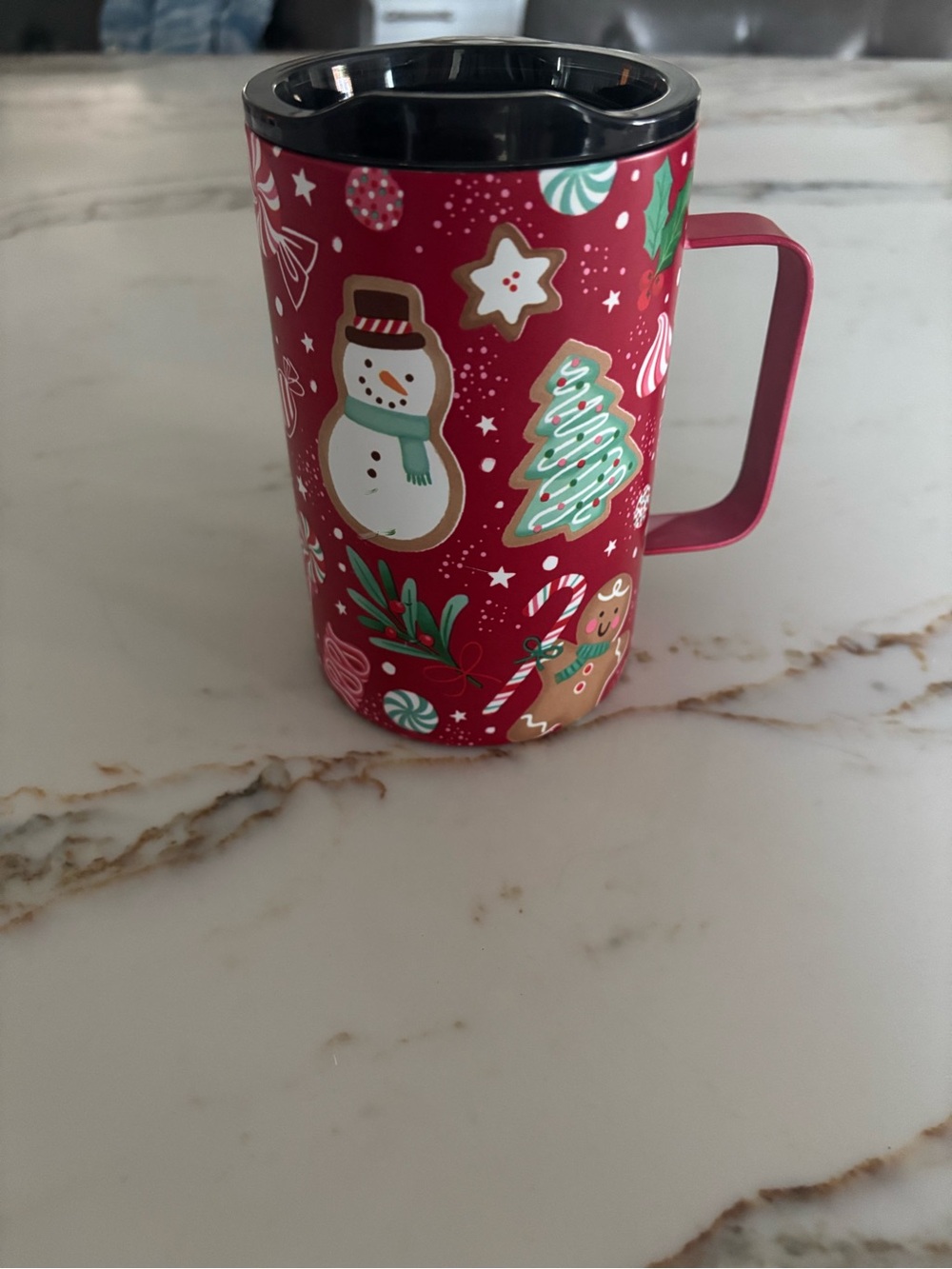Holiday Red Festive Travel Mug with Snowman and Cookie Design